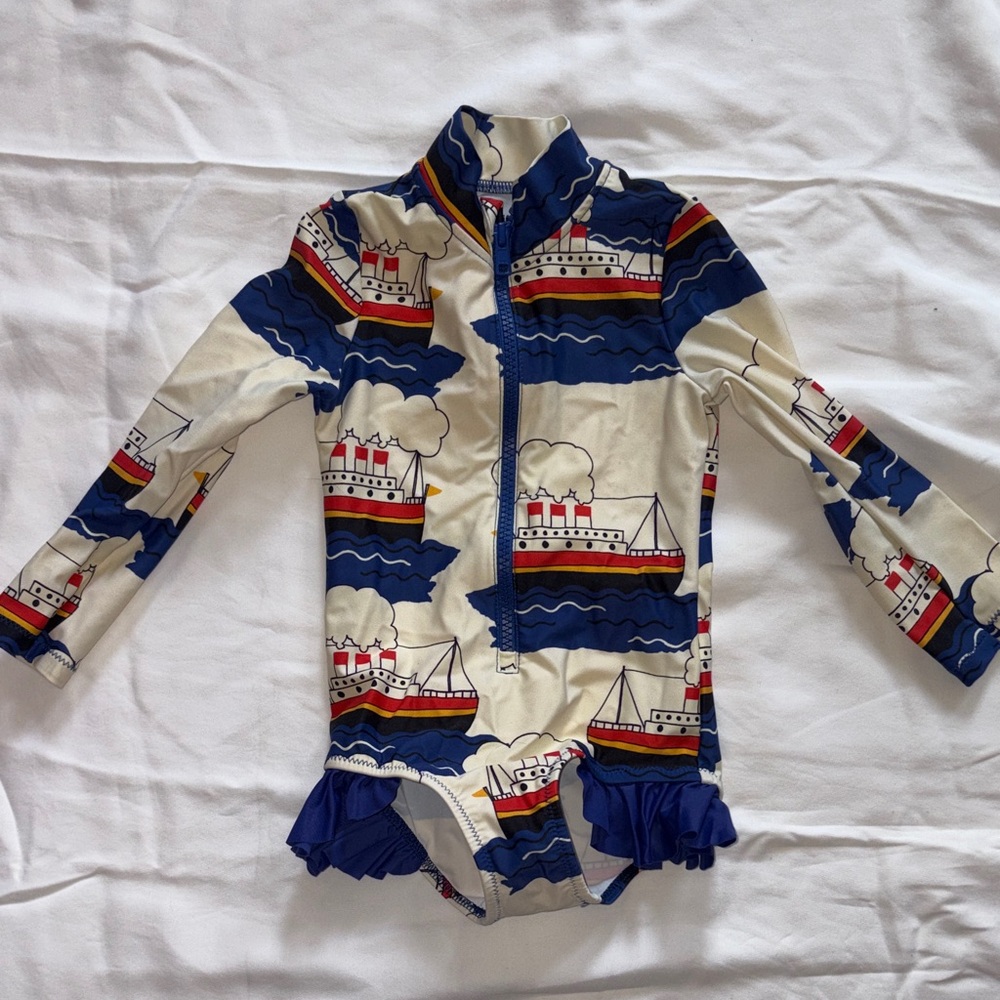 Mini Rodini Blue and Cream Boat Print Suit 1.5-3 YRS